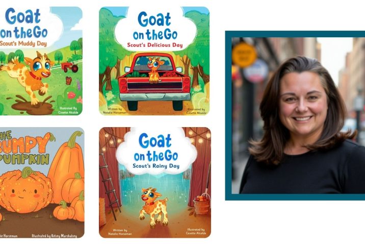Headshot of a woman on a city street and 4 children's books featuring a cartoon goat